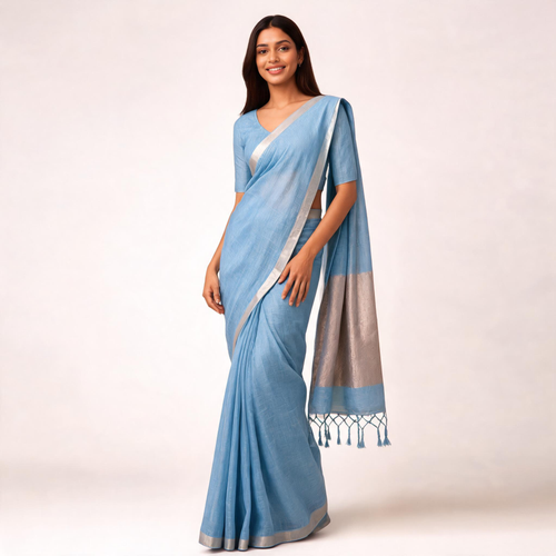 Blue And Beige Kota Silk Tissue Pre Stitched Saree For Women