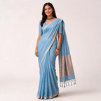 Blue And Beige Kota Silk Tissue Pre Stitched Saree For Women