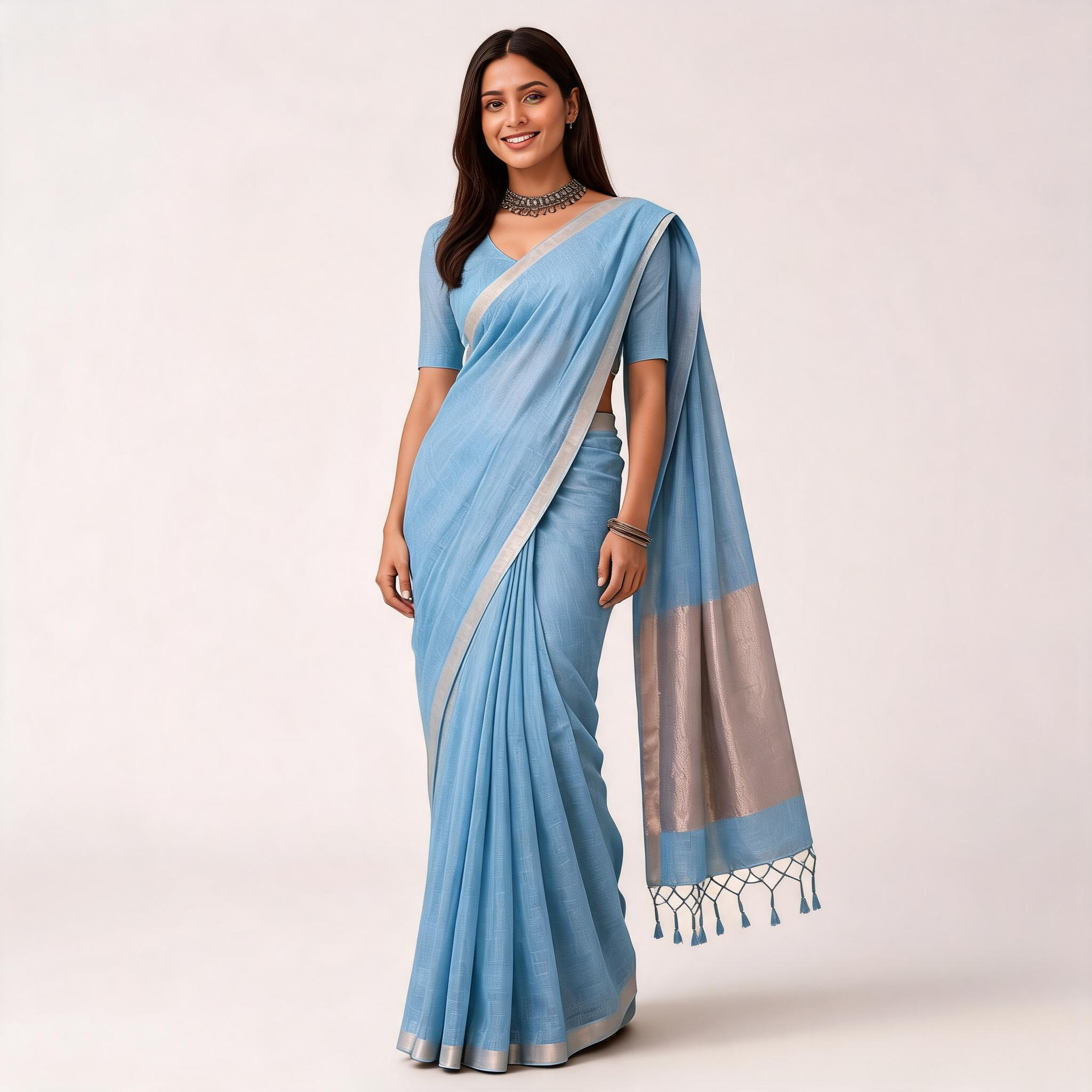 Blue And Beige Kota Silk Tissue Pre Stitched Saree For Women