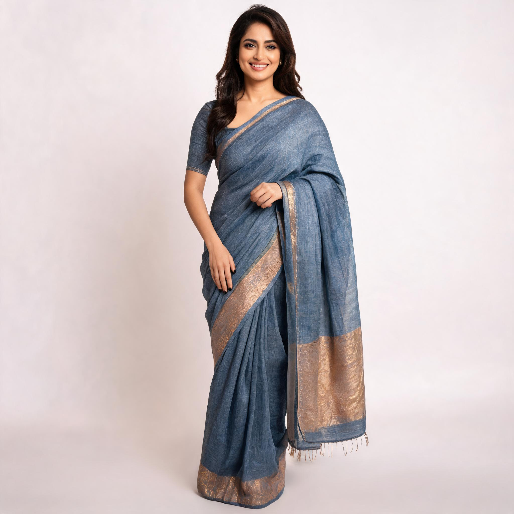 Grey Kota Silk Tissue Pre Stitched Saree For Women