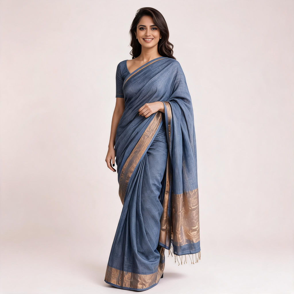 Grey Kota Silk Tissue Pre Stitched Saree For Women