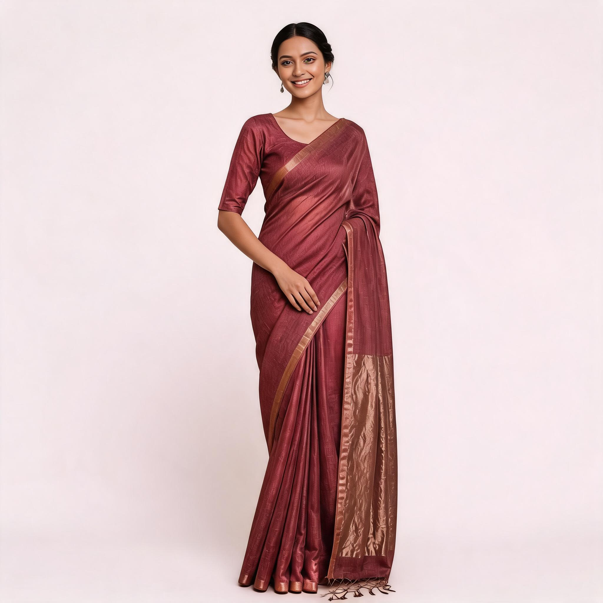 Rust Red Kota Silk Tissue Pre Stitched Saree For Women