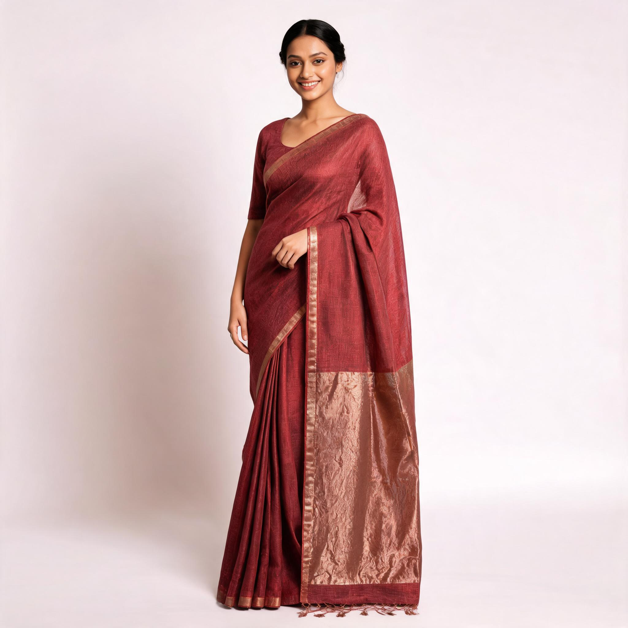 Rust Red Kota Silk Tissue Pre Stitched Saree For Women