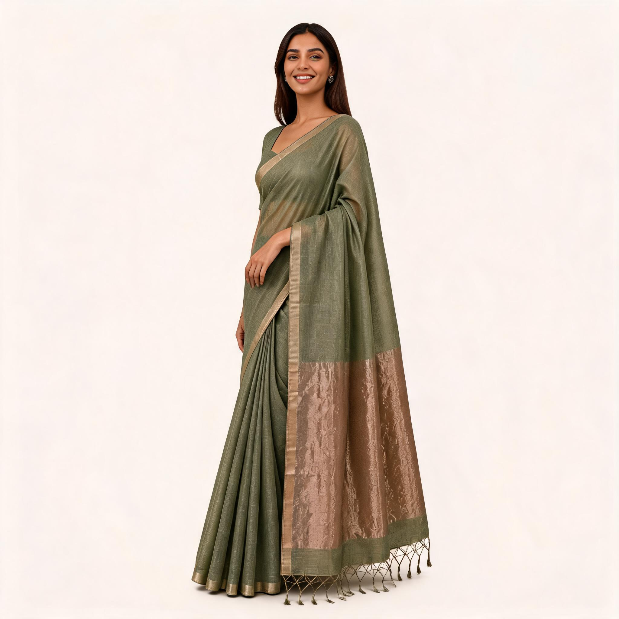 Green Kota Silk Tissue Pre Stitched Saree For Women