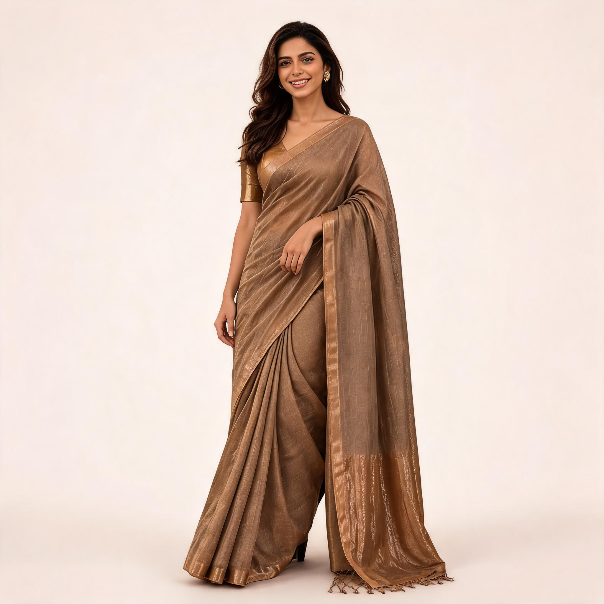 Brown Kota Silk Tissue Pre Stitched Saree For Women