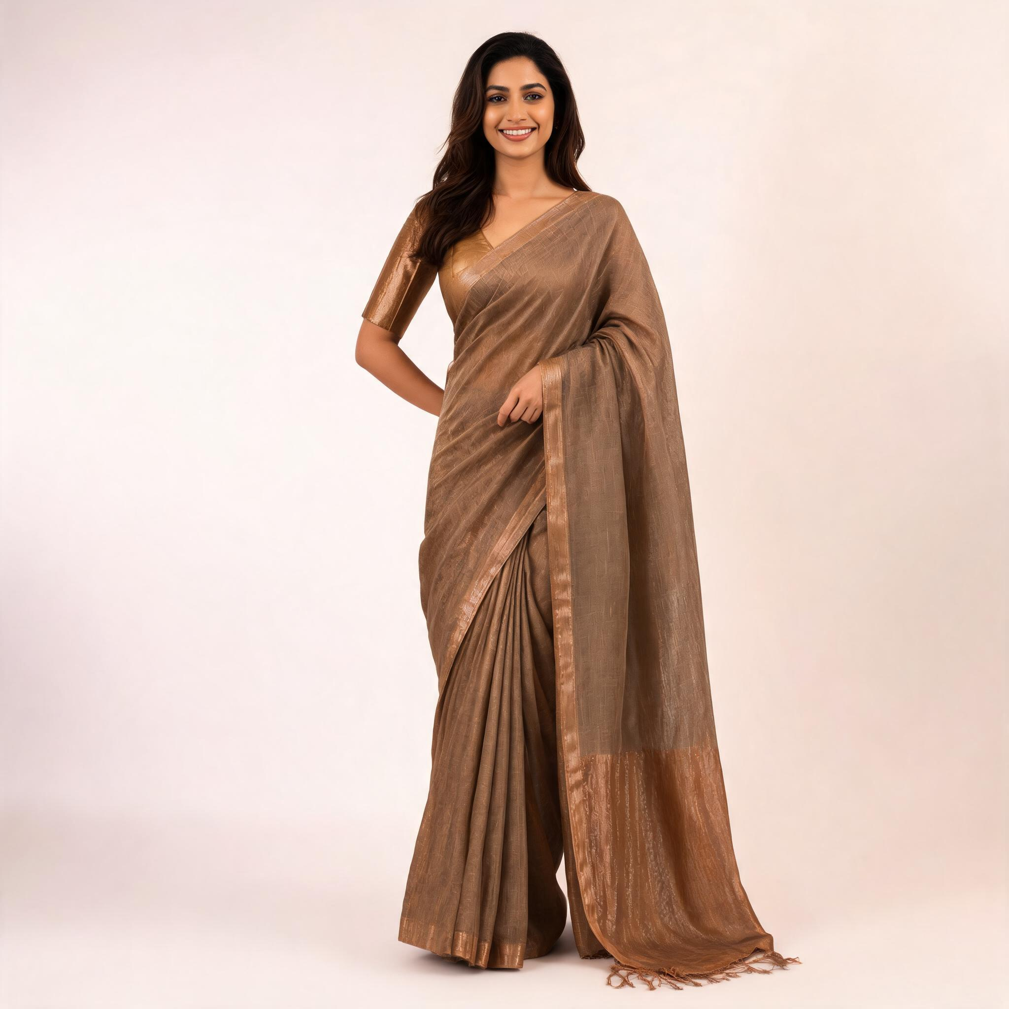 Brown Kota Silk Tissue Pre Stitched Saree For Women