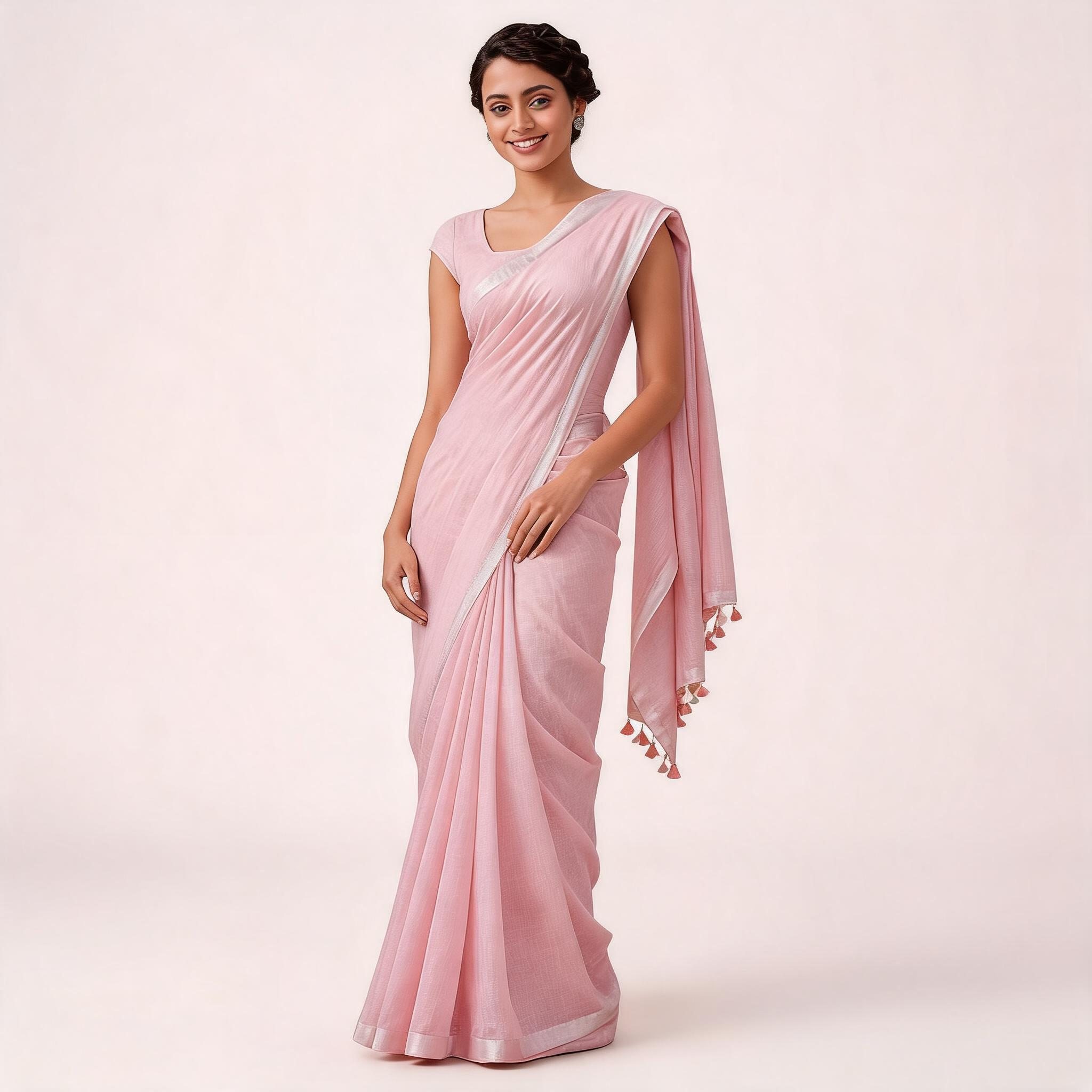 Pink Cotton Slub Pre Stitched Saree For Women