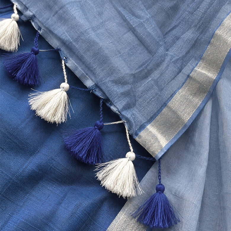 Blue Linen Cotton Pre Stitched Saree For Women