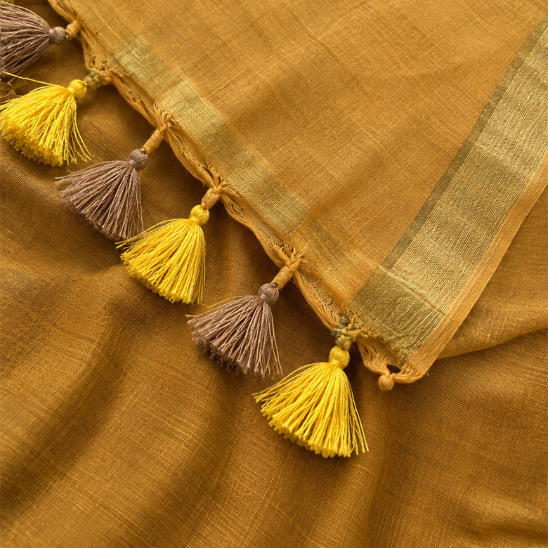 Mustard Yellow Linen Cotton Pre Stitched Saree For Women