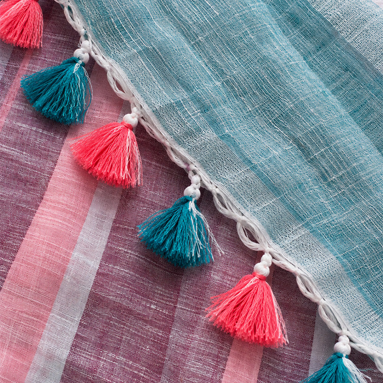 Mauve And Blue Pure Linen Pre Stitched Saree For Women