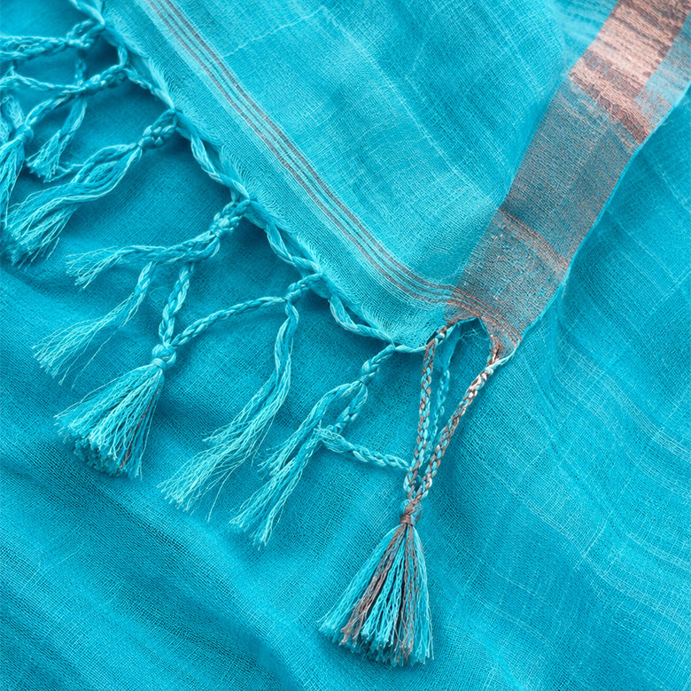 Blue Linen Silk Jamdani Pre Stitched Saree For Women