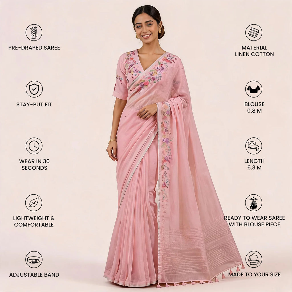 Pink Linen Cotton Embroidered Pre Stitched Saree For Women