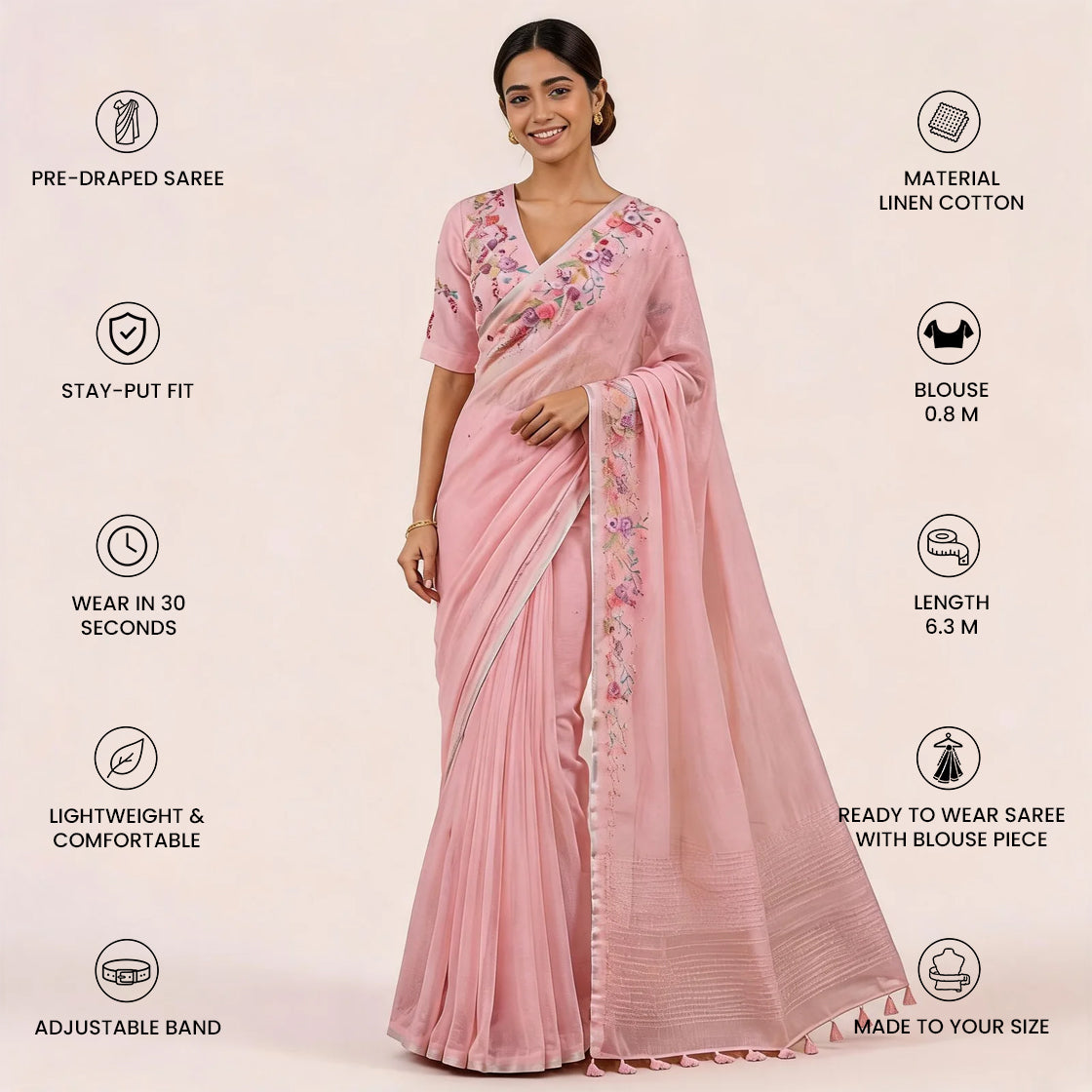 Pink Linen Cotton Embroidered Pre Stitched Saree For Women