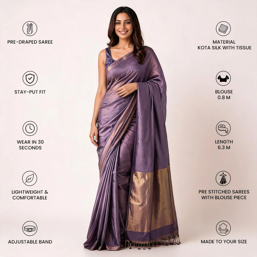 Purple Kota Silk Tissue Pre Stitched Saree For Women