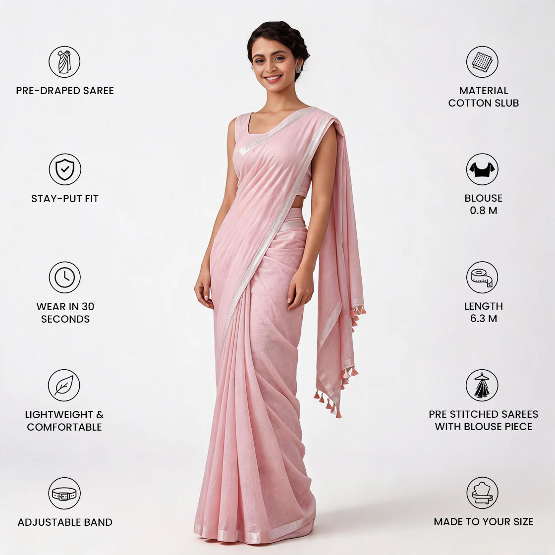 Pink Cotton Slub Pre Stitched Saree For Women