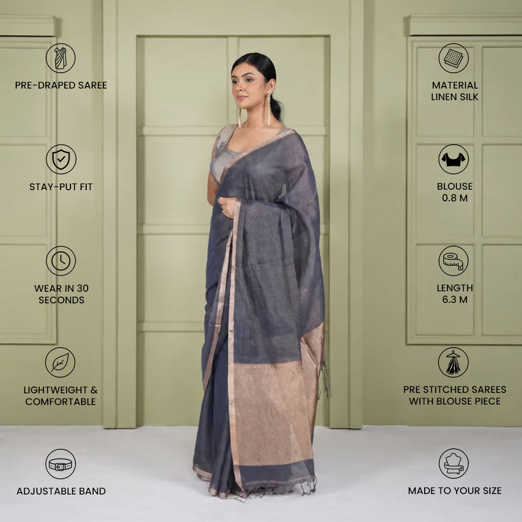Grey Linen Silk Pre Stitched Saree