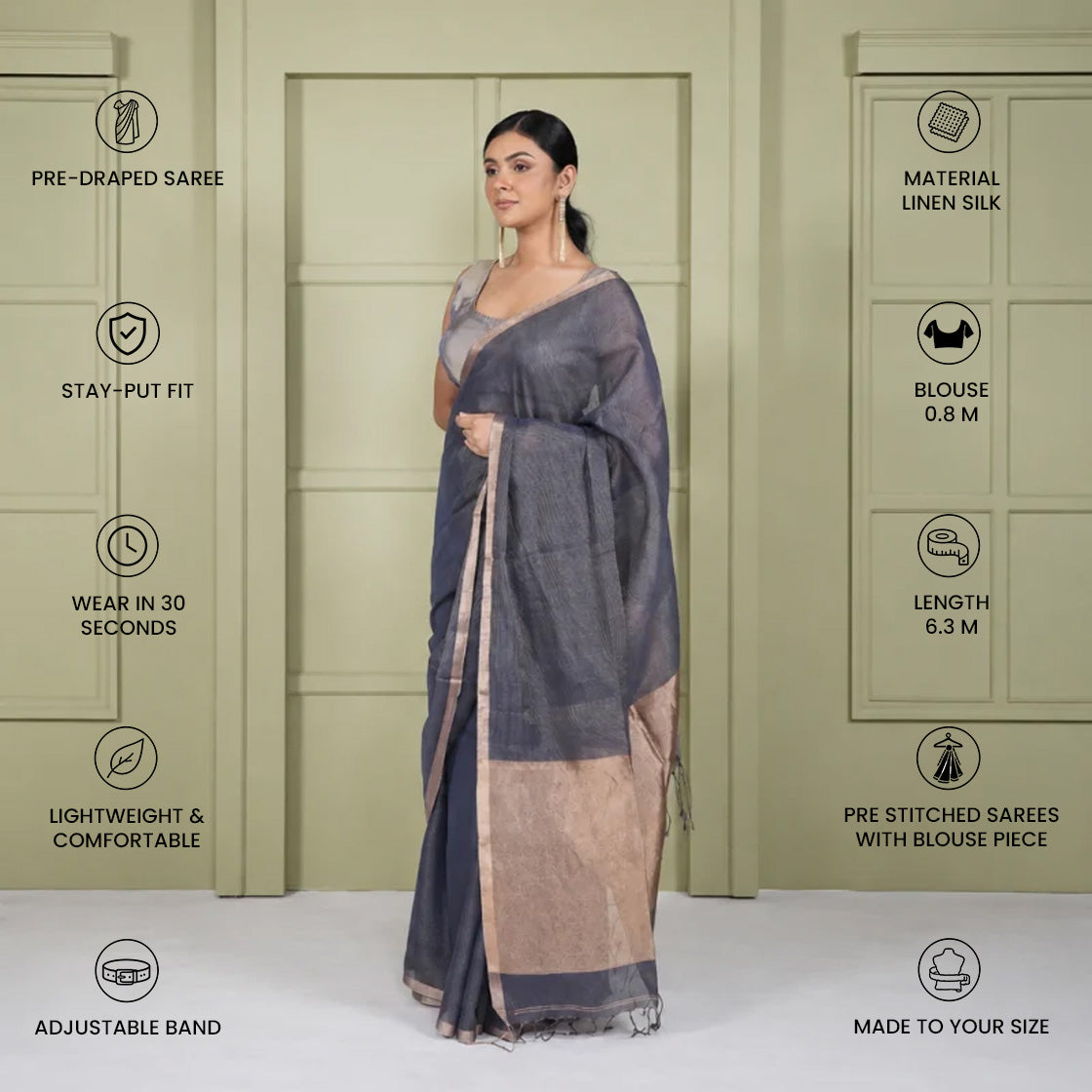 Grey Linen Silk Pre Stitched Saree