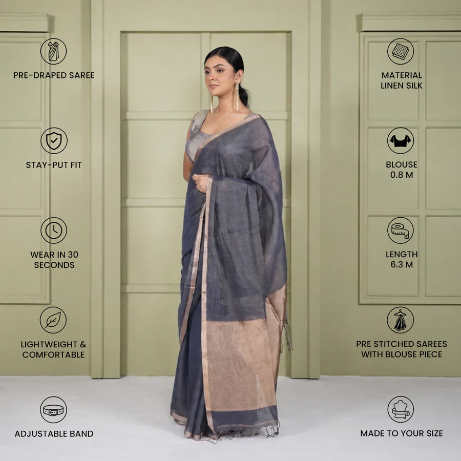 Grey Linen Silk Pre Stitched Saree