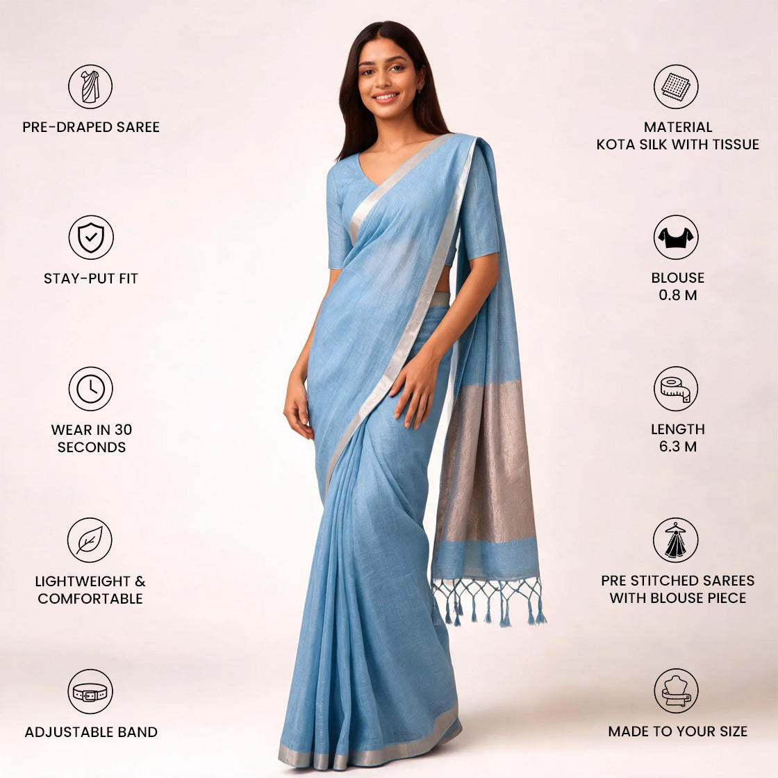 Blue And Beige Kota Silk Tissue Pre Stitched Saree For Women