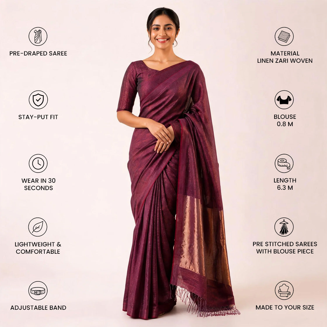 Pink Linen Zari Woven Pre Stitched Saree For Women