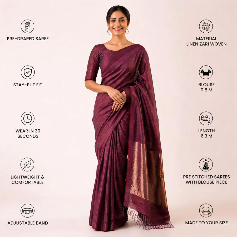 Pink Linen Zari Woven Pre Stitched Saree For Women