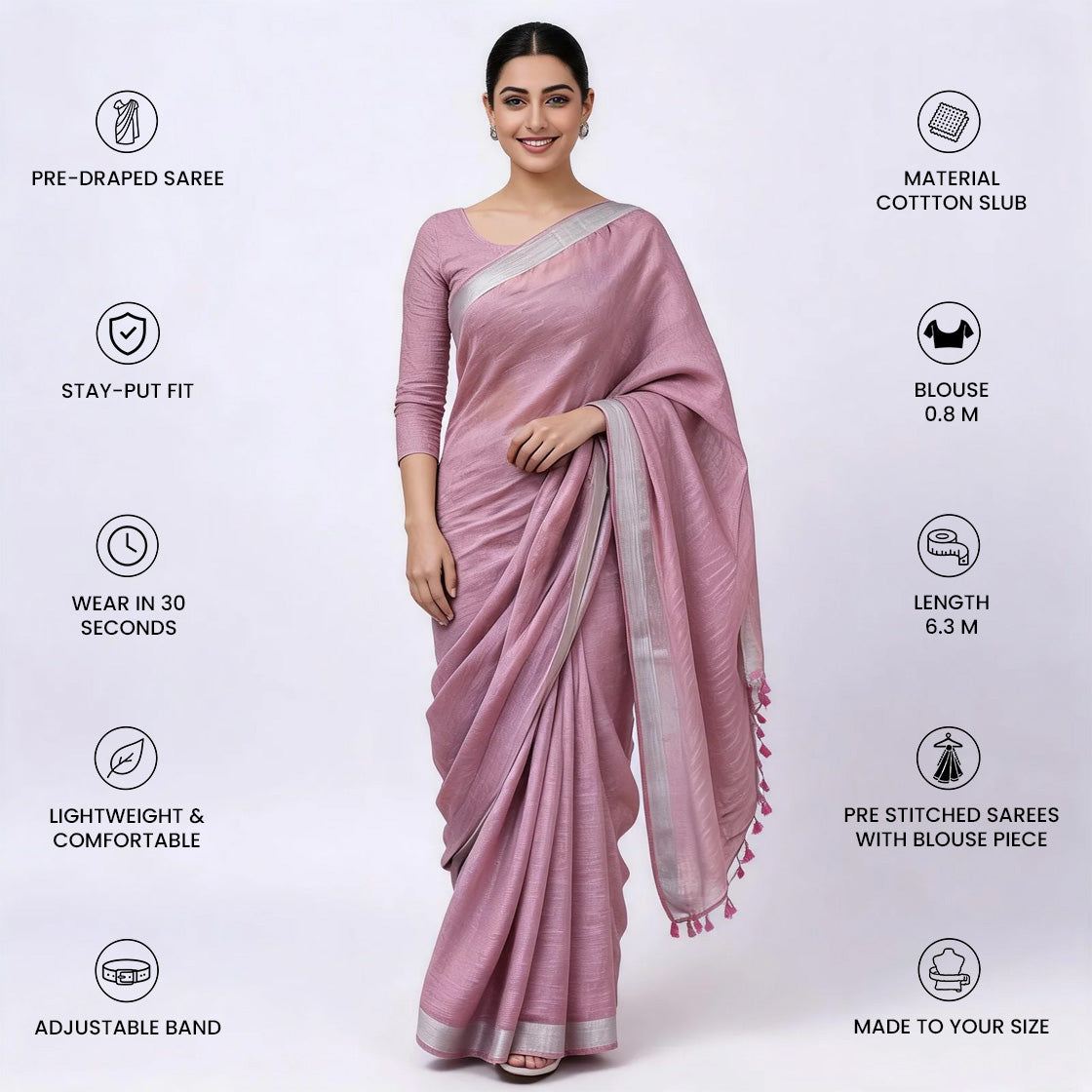 Mauve Cotton Slub Pre Stitched Saree For Women