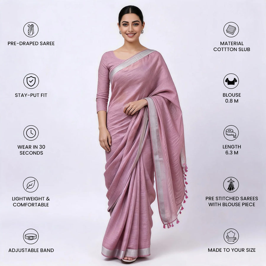 Mauve Cotton Slub Pre Stitched Saree For Women
