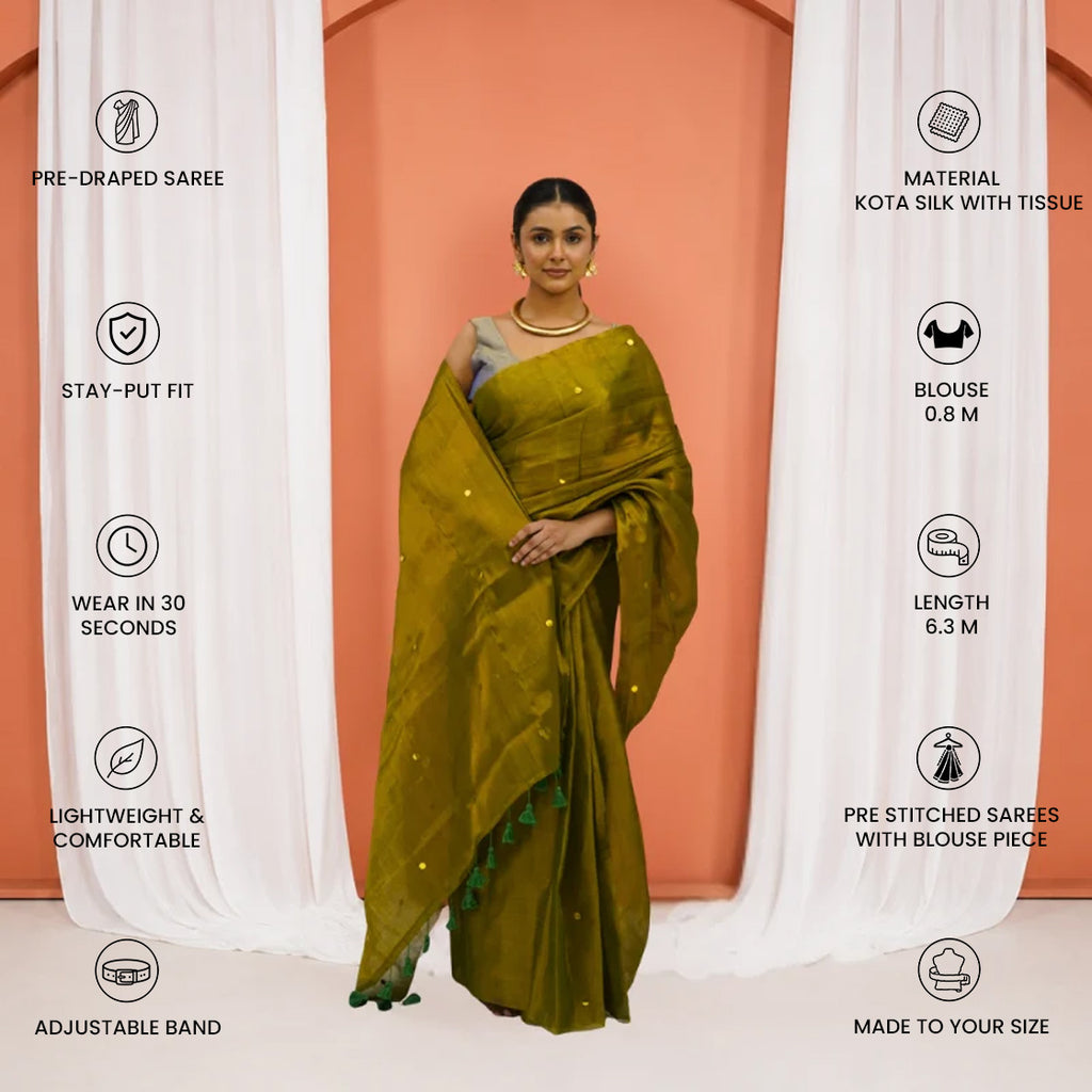 Brown Kota Silk Tissue Pre Stitched Saree For Women