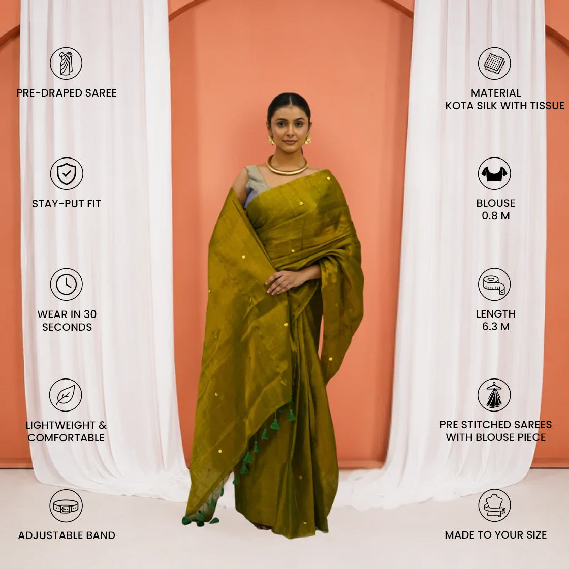 Brown Kota Silk Tissue Pre Stitched Saree For Women
