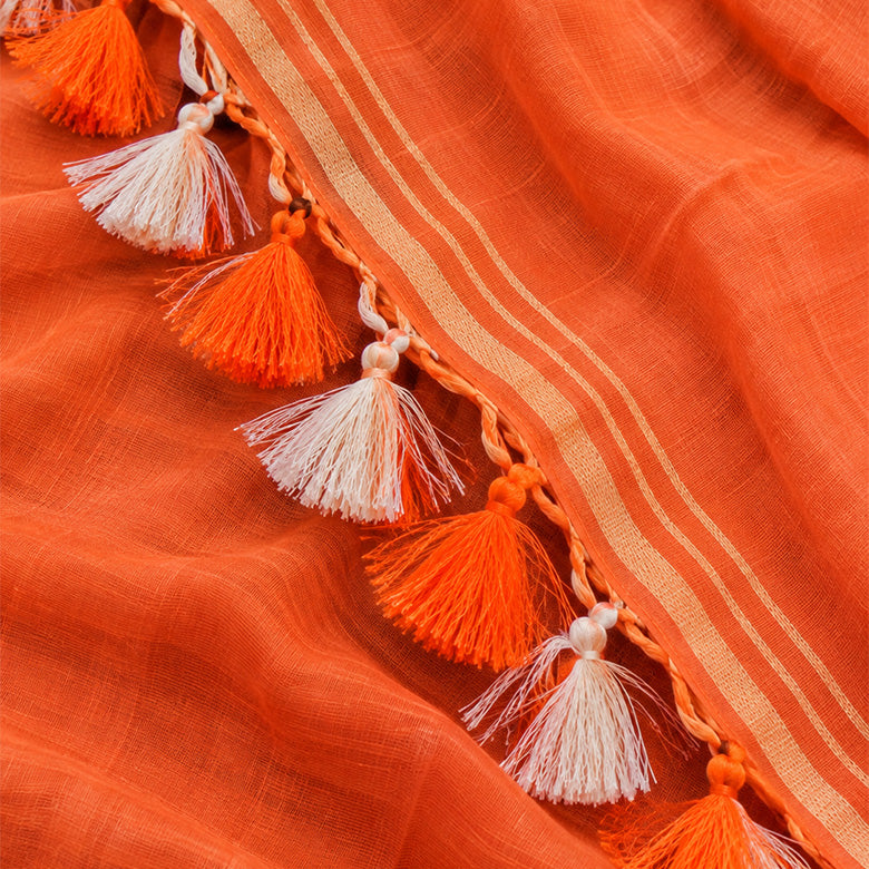 Rust Cotton Linen Pre Stitched Saree For Women