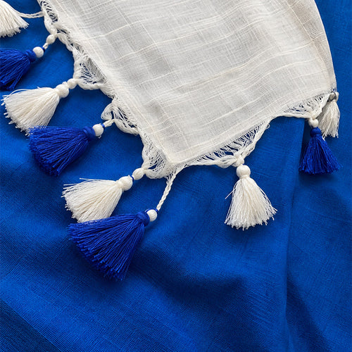 Blue And White Linen Thread Work Embroidered Pre Stitched Saree For Women