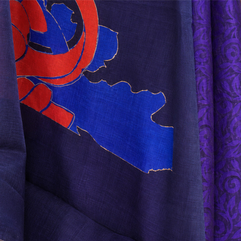 Half Satin Half Organza Blue Floral Saree