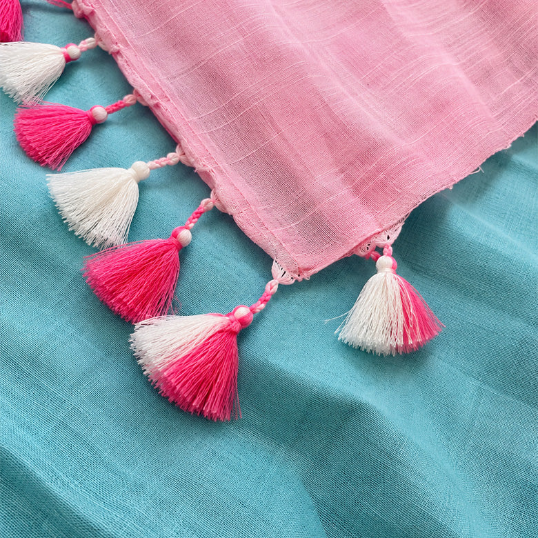 Pink And Teal Linen Cotton Pre Stitched Saree For Women