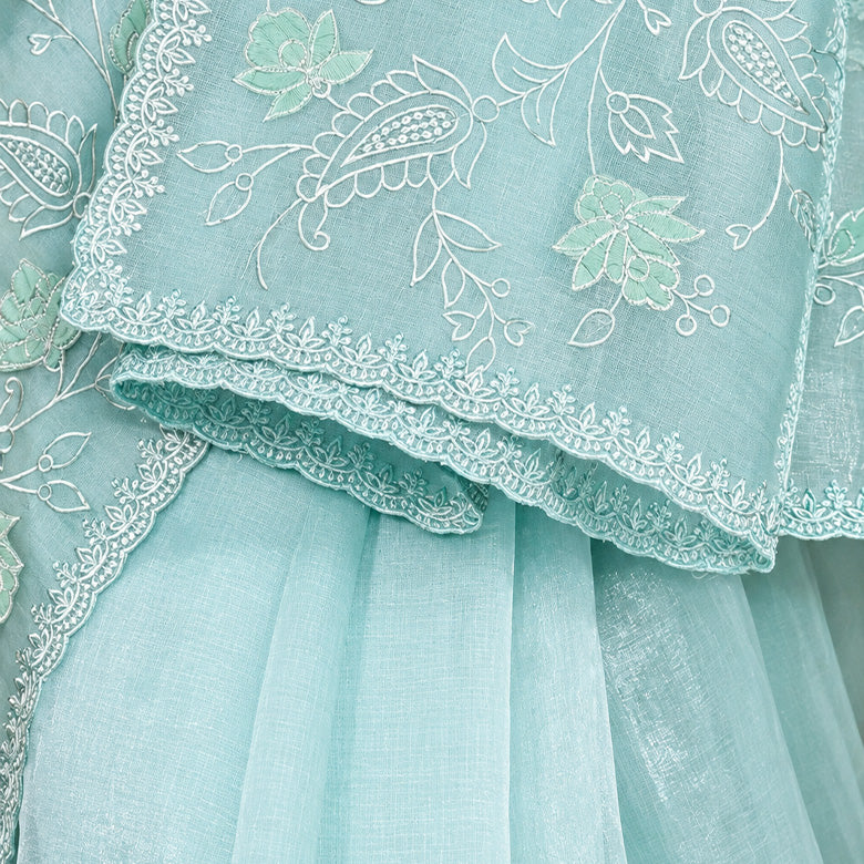 Sea Green Tissue Saree With Thread Embroidery
