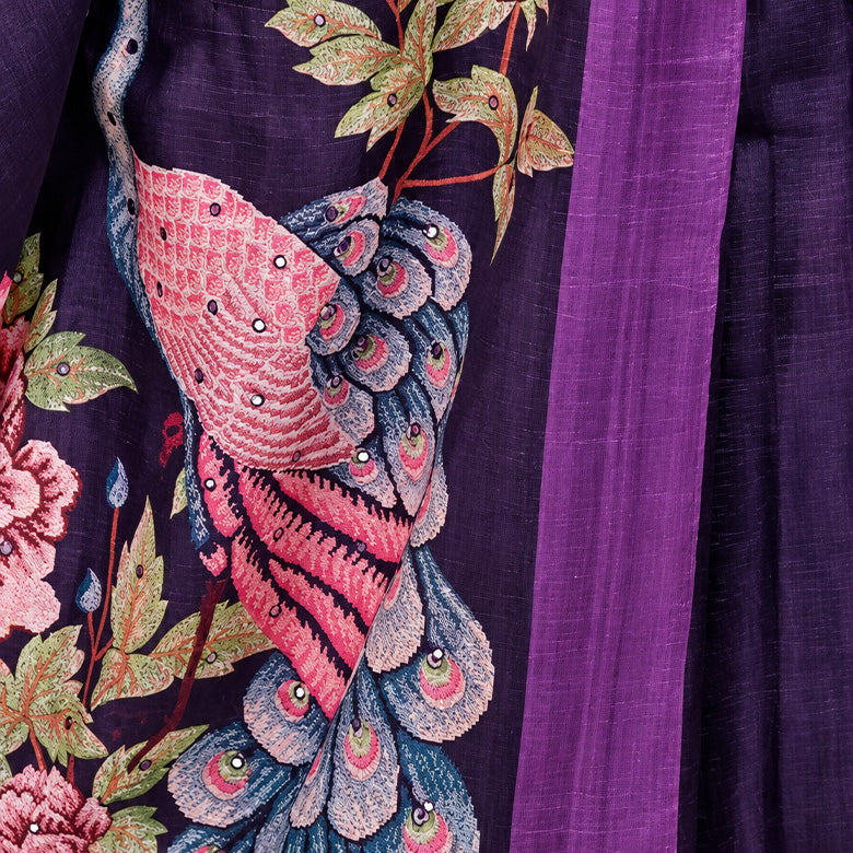 Purple Tussur Saree With Digital Print