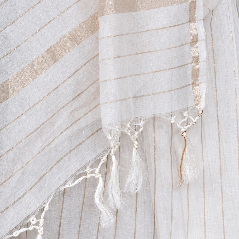 White Cotton Linen Saree with Zari Applique Work