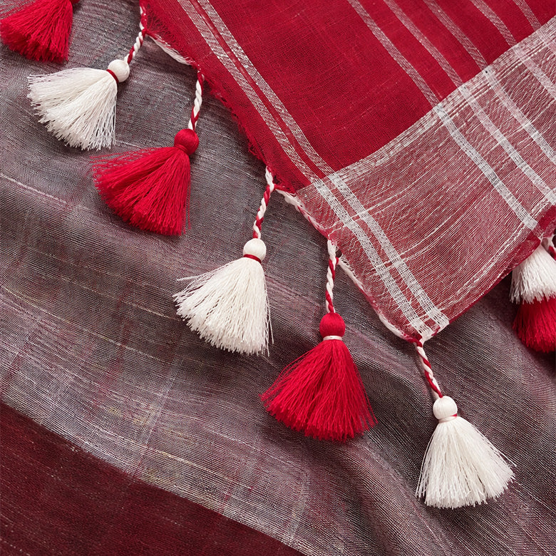 Maroon And Grey Pure Linen Pre Stitched Saree For Women