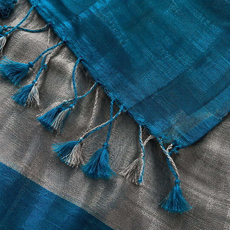 Grey And Blue Tissue Silk Pre Stitched Saree For Women