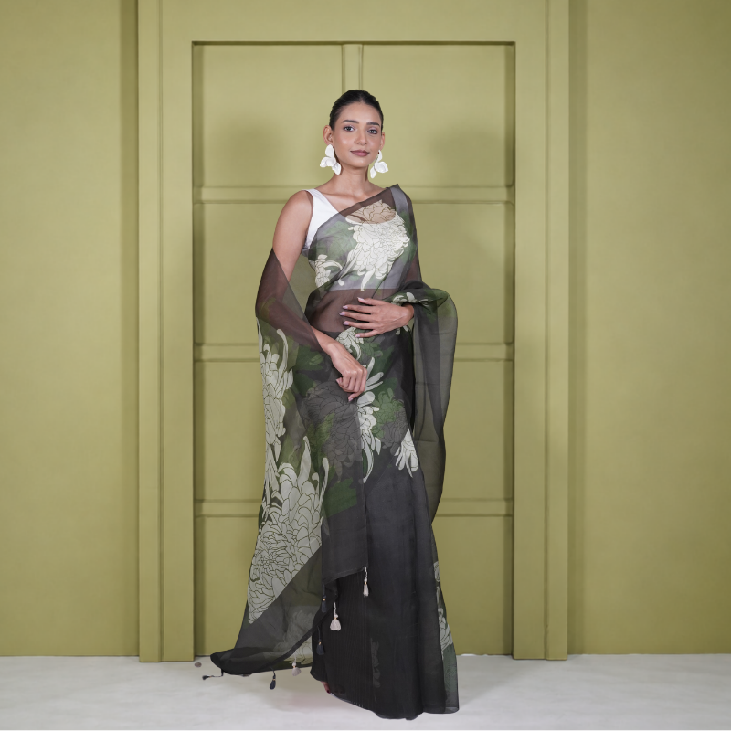 Dark Green Organza Digital Print Saree