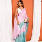 Pink And Teal Linen Cotton Pre Stitched Saree For Women