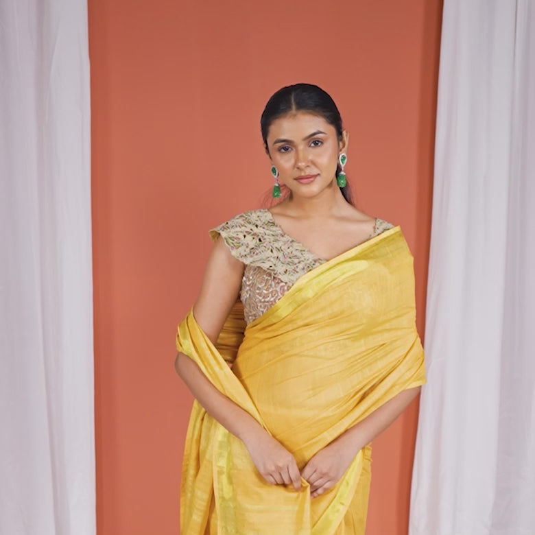 Mustard Yellow Linen Cotton Pre Stitched Saree For Women