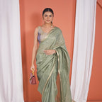 Green Kota Silk Tissue Pre Stitched Saree For Women
