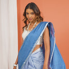 Blue And White Linen Thread Work Embroidered Pre Stitched Saree For Women