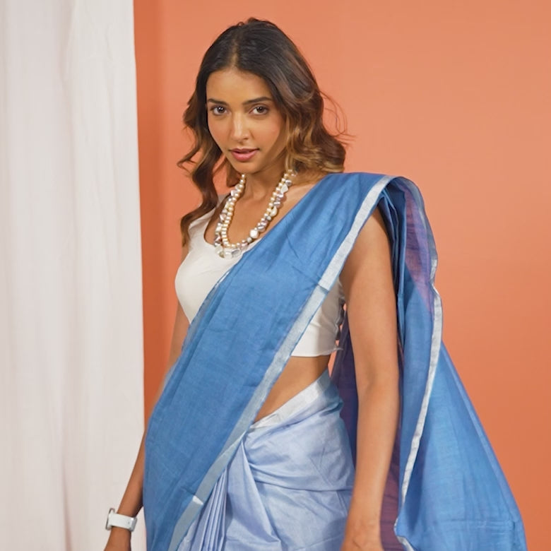 Blue And White Linen Thread Work Embroidered Pre Stitched Saree For Women