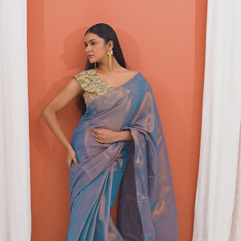 Teal Raga Tissue Pre Stitched Saree For Women